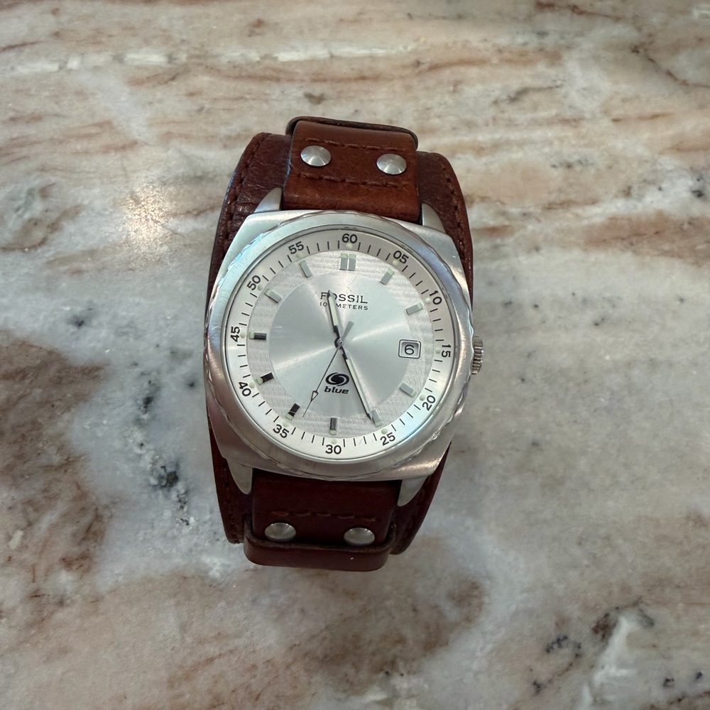 Fossil Silver Dial Watch with Brown Leather Strap